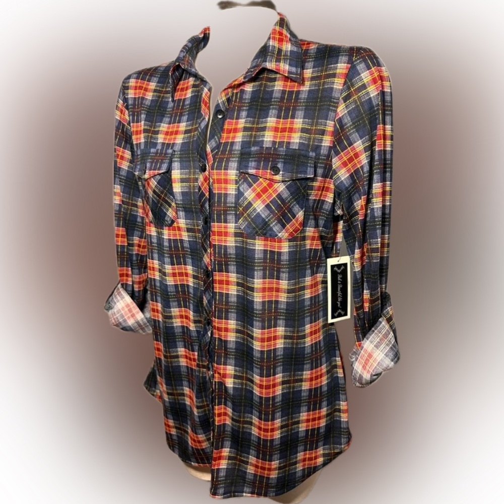 R n B Plaid Button-Up Shirt Size Large Roll-Tab Sleeves Red Blue Yellow